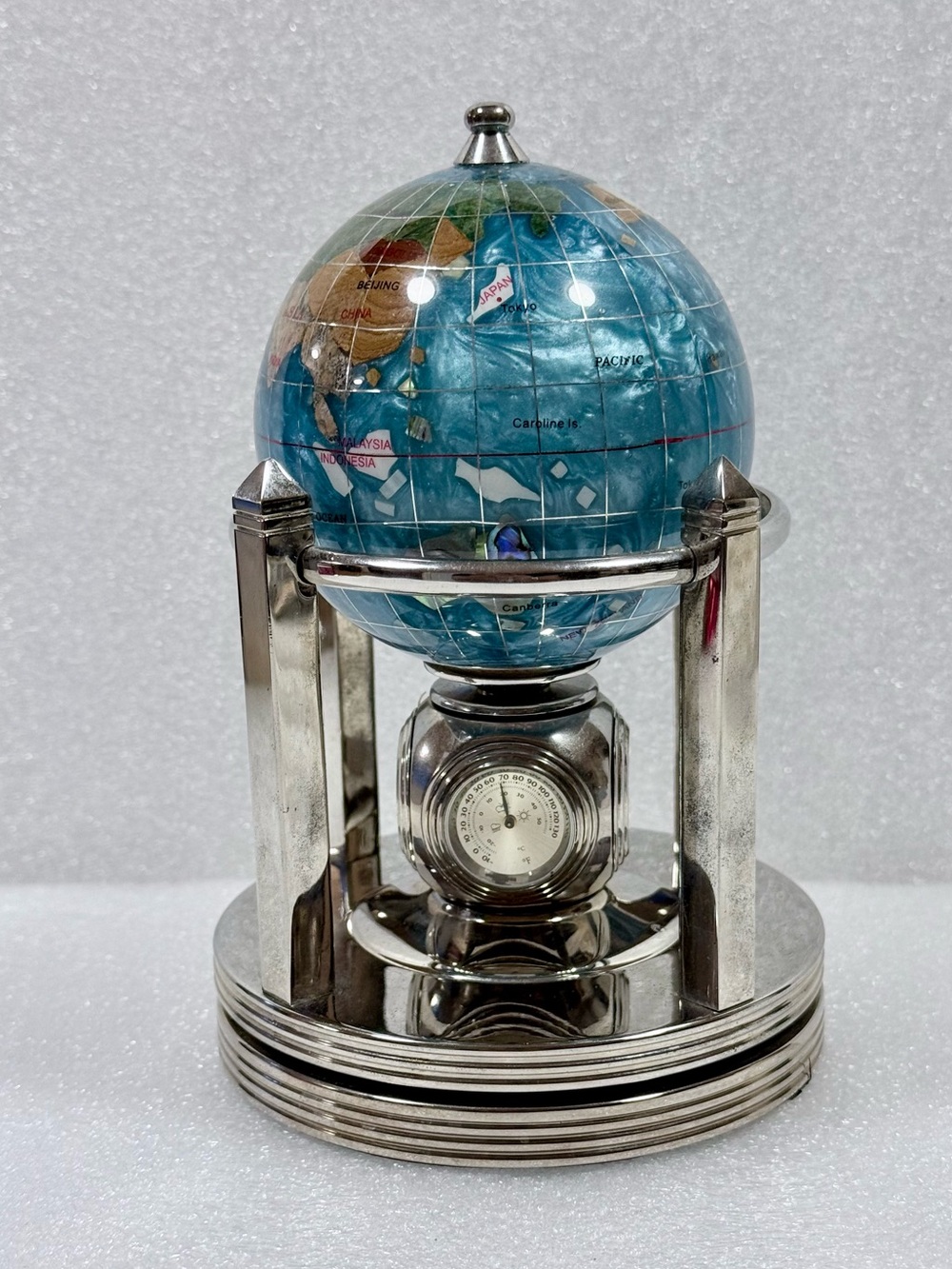 Globe By Alex Kalifano-Chrome Revolving W\ Clock Thermometer & Hydrometer